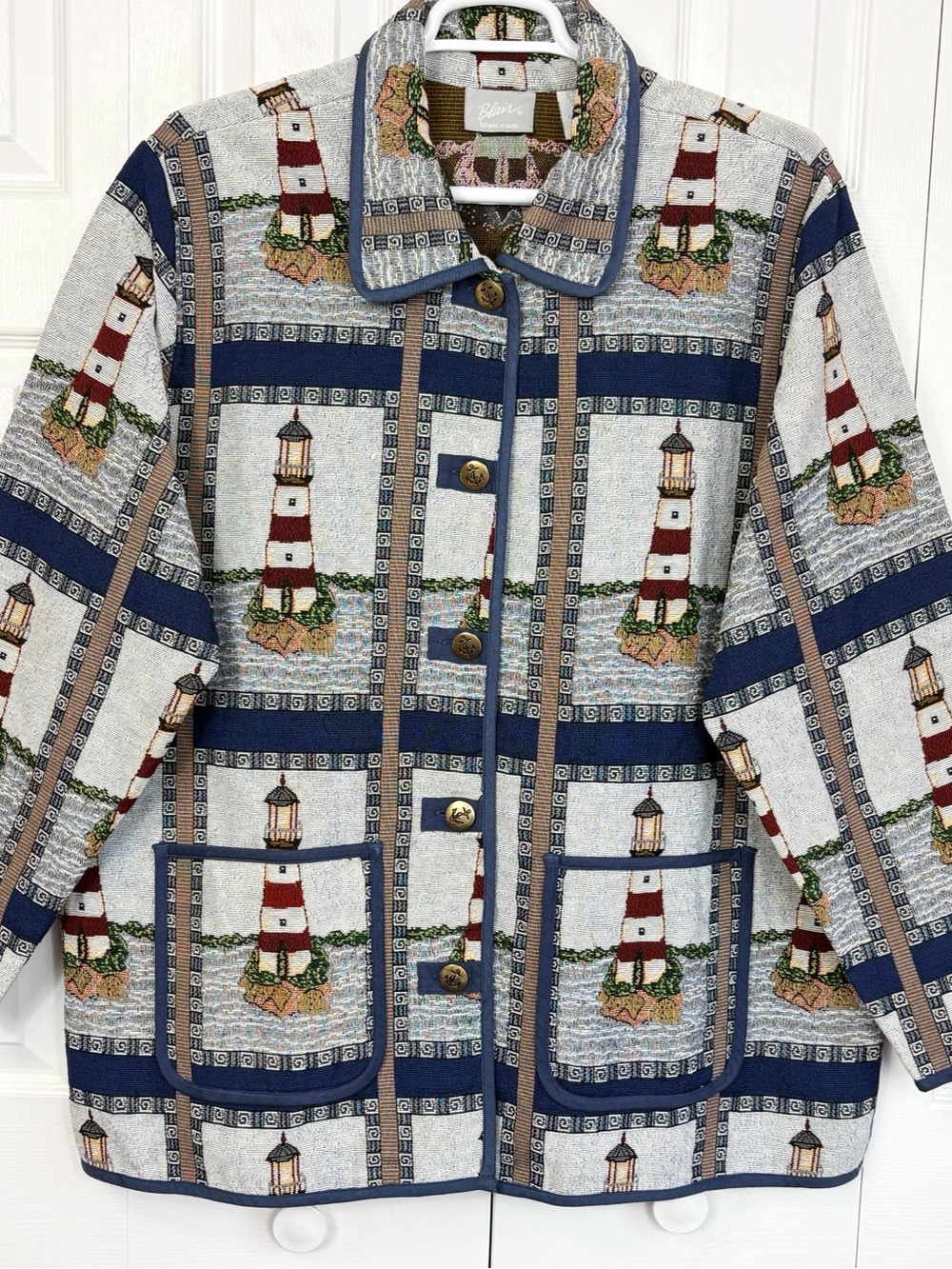NWOT Vintage Blair 90s Blue Nautical Lighthouse Print Tapestry Jacket 2XL